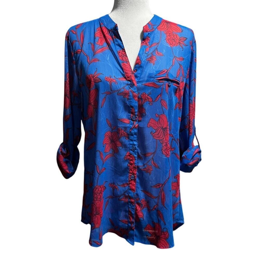 Kut from the Kloth Blue Tunic Blouse with Red Floral Print